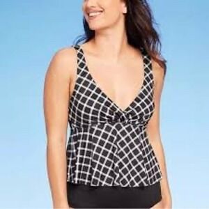 Kona Sol Black White Gingham Tankini Top Peplum Swimwear Large 12-14 NWT
